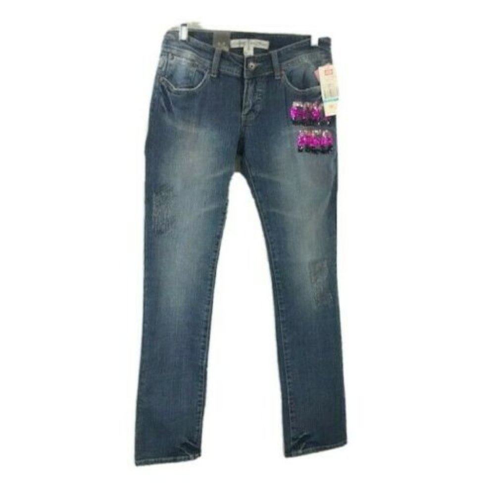 EckoRed Junior's Jeans Pink Red Sequins 99% Cotton 1% Spandex Size 5 Inseam 32"